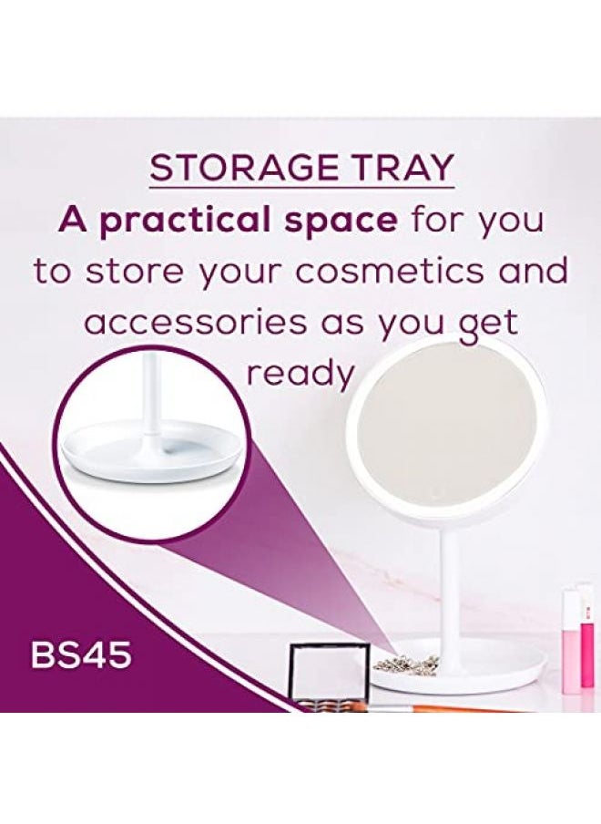 Beurer Illuminated 5x Vanity and Cosmetics Mirror, Touch Sensor Surface, Storage Tray, With Portable, Magnetic Magnifying MakeUp Mirror, White LED Light and Dimmer, Cordless, 360° Rotation, BS45