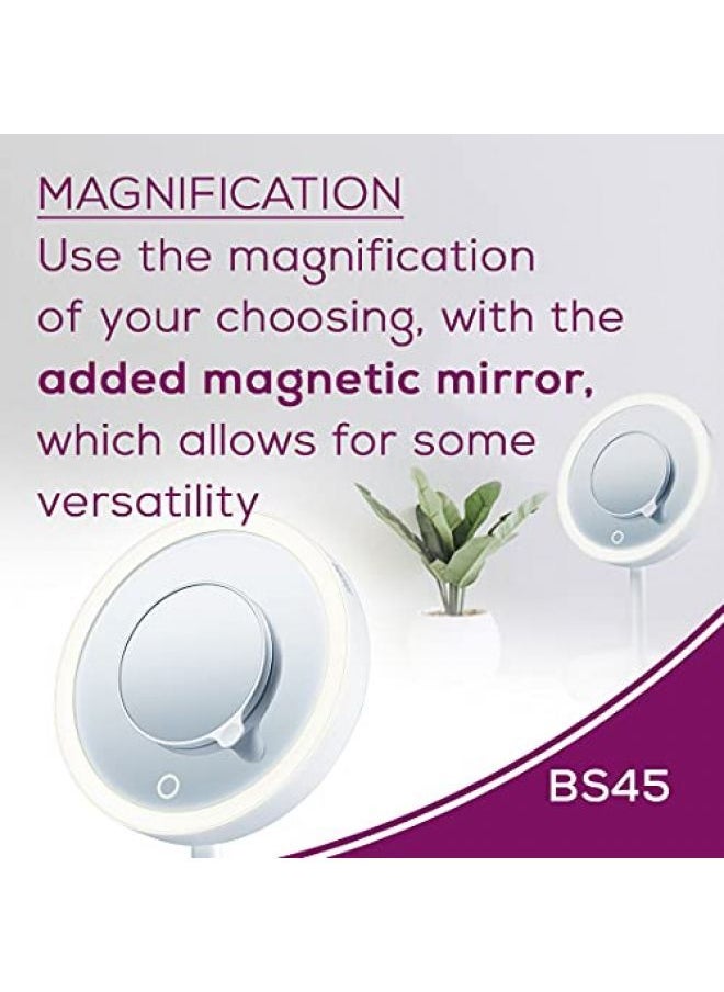 Beurer Illuminated 5x Vanity and Cosmetics Mirror, Touch Sensor Surface, Storage Tray, With Portable, Magnetic Magnifying MakeUp Mirror, White LED Light and Dimmer, Cordless, 360° Rotation, BS45