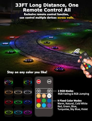VIODAIM Color Changing Solar Ground Lights with 33ft Long Distance Remote Control - Flat Solar Lights Outdoor Waterproof - Pathway Lights Solar Powered for Yard Decorative Outside Lawn Walkway [10 Pack] - Image 2