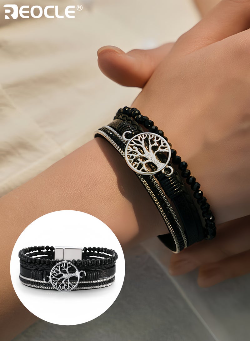ريوكل سوار معصم من الجلد الصناعي متعدد الطبقات بأسلوب بوهو نسائي مع سحر سبيكة شجرة الحياة وأحجار الراين مثالي للارتداء اليومي أو كهدية لأعياد الميلاد والصداقة