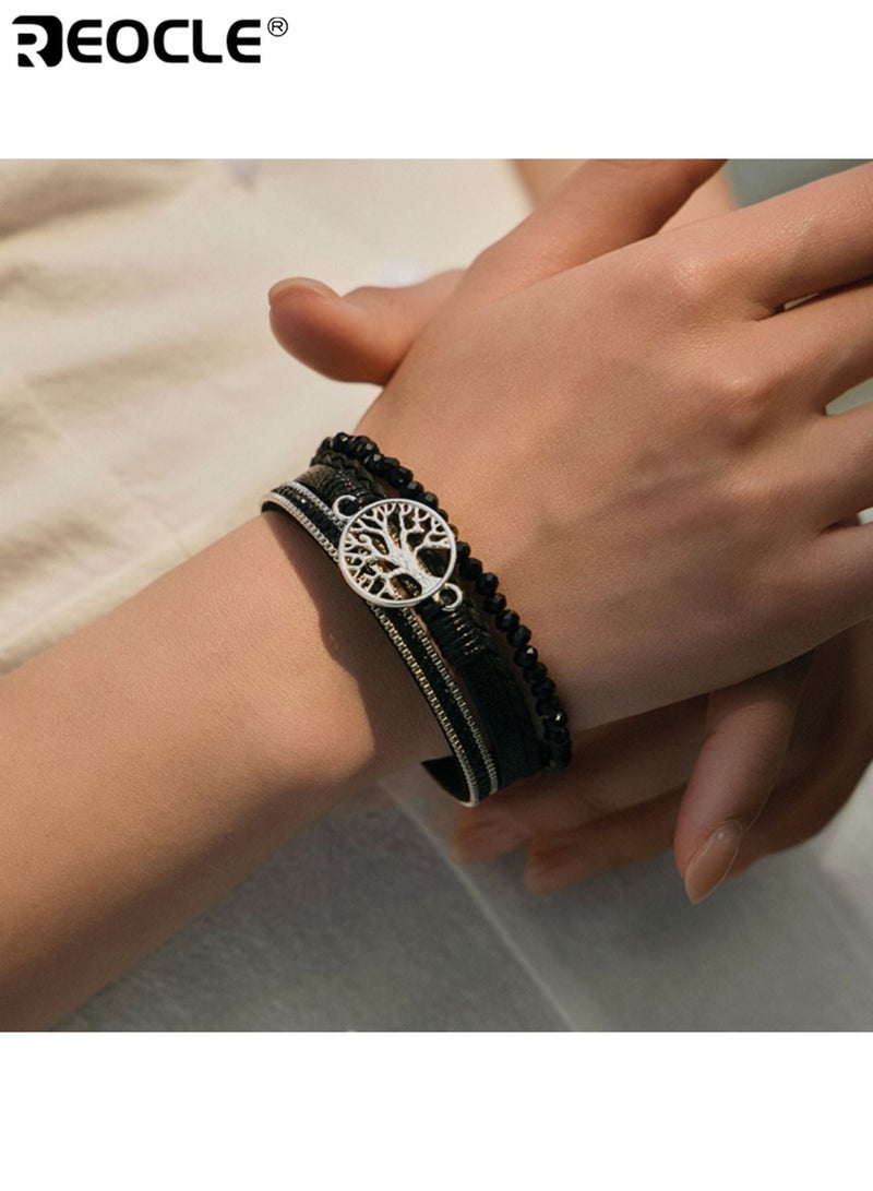 ريوكل سوار معصم من الجلد الصناعي متعدد الطبقات بأسلوب بوهو نسائي مع سحر سبيكة شجرة الحياة وأحجار الراين مثالي للارتداء اليومي أو كهدية لأعياد الميلاد والصداقة - Image 5