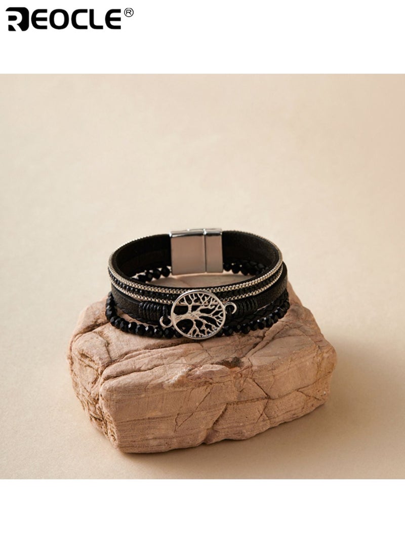 ريوكل سوار معصم من الجلد الصناعي متعدد الطبقات بأسلوب بوهو نسائي مع سحر سبيكة شجرة الحياة وأحجار الراين مثالي للارتداء اليومي أو كهدية لأعياد الميلاد والصداقة - Image 4