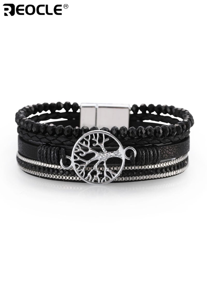 ريوكل سوار معصم من الجلد الصناعي متعدد الطبقات بأسلوب بوهو نسائي مع سحر سبيكة شجرة الحياة وأحجار الراين مثالي للارتداء اليومي أو كهدية لأعياد الميلاد والصداقة - Image 1