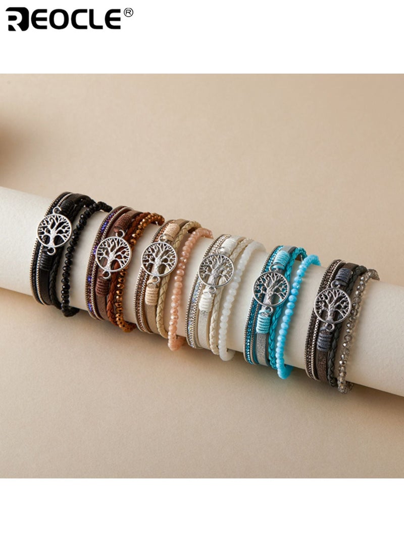 ريوكل سوار معصم من الجلد الصناعي متعدد الطبقات بأسلوب بوهو نسائي مع سحر سبيكة شجرة الحياة وأحجار الراين مثالي للارتداء اليومي أو كهدية لأعياد الميلاد والصداقة - Image 3