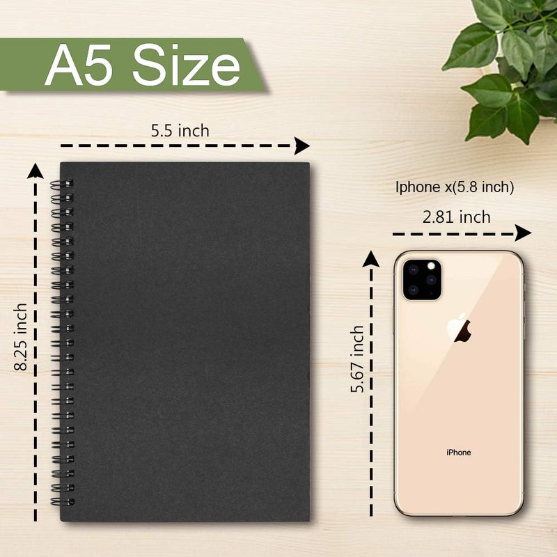 GRT دفاتر ملاحظات حلزونية A5 عبوتين 100 ورقة بحجم 14 × 21 سم دفتر ملاحظات للصفوف قوائم المهام يوميات رسم منزل مدرسة سفر، أسود، ورق مخطط - Image 2