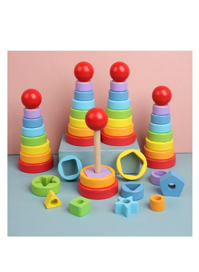 NIBEMINENT Wooden Colourful Towers Stacking Color Shape Matching Sets Columns Layer Upon Layer Children's Creative Force Toys  - Image 3
