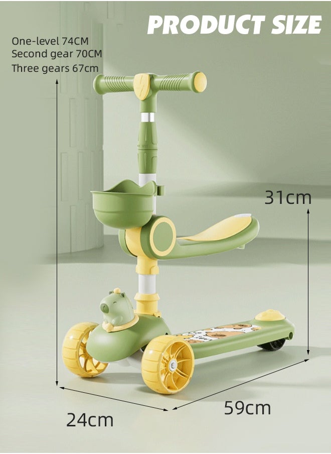 Foldable Baby Scooter Kick Scooter for Kids Adjustable 3 Wheel Scooter with LED Light Wheels and Detachable Seat Toddler Travel Scooter with Widened Non-Slip Deck