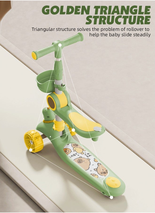 Foldable Baby Scooter Kick Scooter for Kids Adjustable 3 Wheel Scooter with LED Light Wheels and Detachable Seat Toddler Travel Scooter with Widened Non-Slip Deck