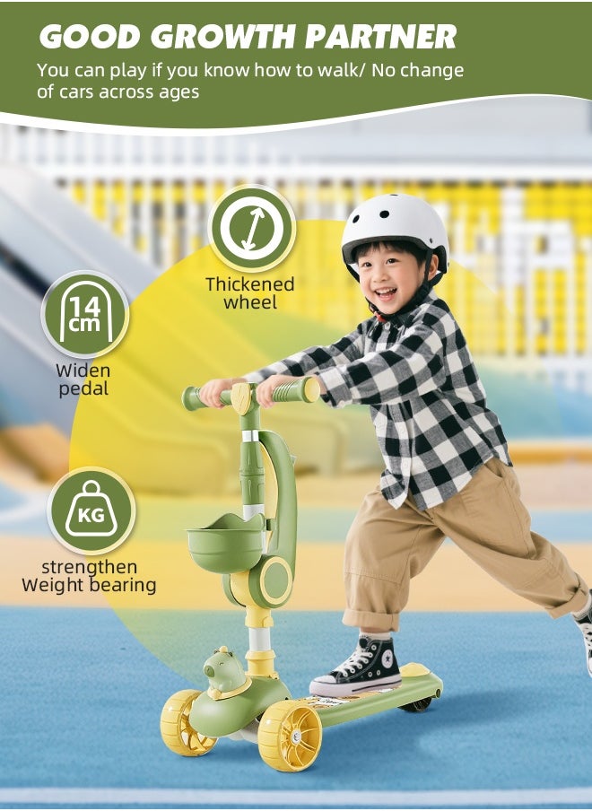 Foldable Baby Scooter Kick Scooter for Kids Adjustable 3 Wheel Scooter with LED Light Wheels and Detachable Seat Toddler Travel Scooter with Widened Non-Slip Deck