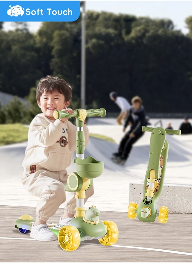 Foldable Baby Scooter Kick Scooter for Kids Adjustable 3 Wheel Scooter with LED Light Wheels and Detachable Seat Toddler Travel Scooter with Widened Non-Slip Deck