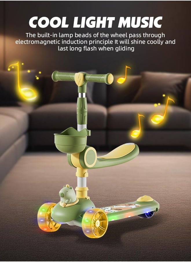Foldable Baby Scooter Kick Scooter for Kids Adjustable 3 Wheel Scooter with LED Light Wheels and Detachable Seat Toddler Travel Scooter with Widened Non-Slip Deck