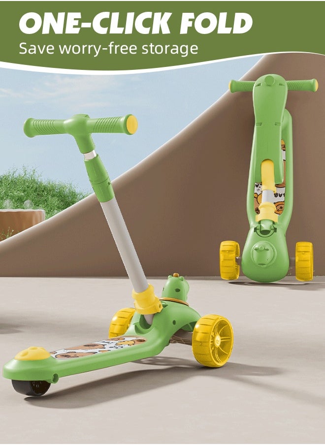 Foldable Baby Scooter Kick Scooter for Kids Adjustable 3 Wheel Scooter with LED Light Wheels and Detachable Seat Toddler Travel Scooter with Widened Non-Slip Deck