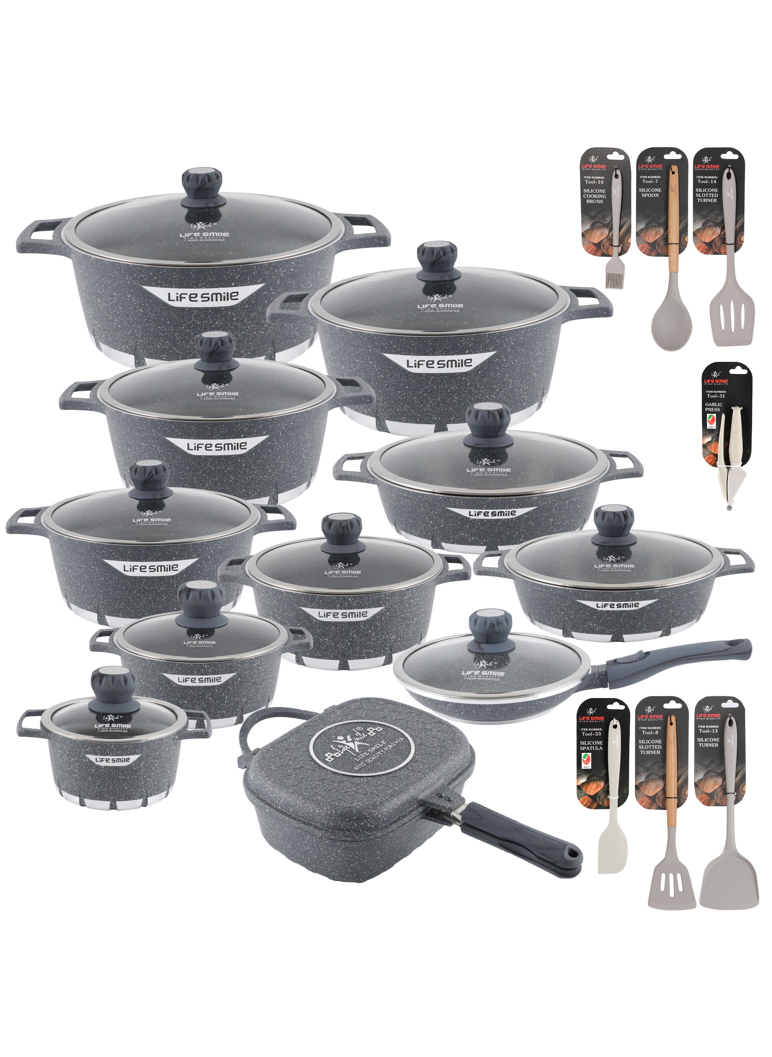 29-Piece Granite Cookware Set Kitchen Pots and Pans Set Includes Stock Pots, Frying Pans, Double Grill Pan and Tools - Non Stick Cookware Sets Healthy 100% PFOA & PFAS Free 