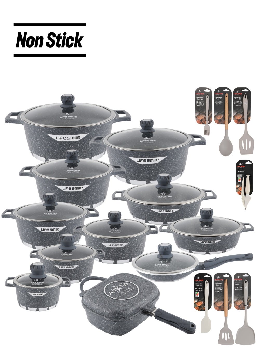 Life Smile 29-Piece Granite Cookware Set Kitchen Pots and Pans Set Includes Stock Pots, Frying Pans, Double Grill Pan and Tools - Non Stick Cookware Sets Healthy 100% PFOA & PFAS Free 