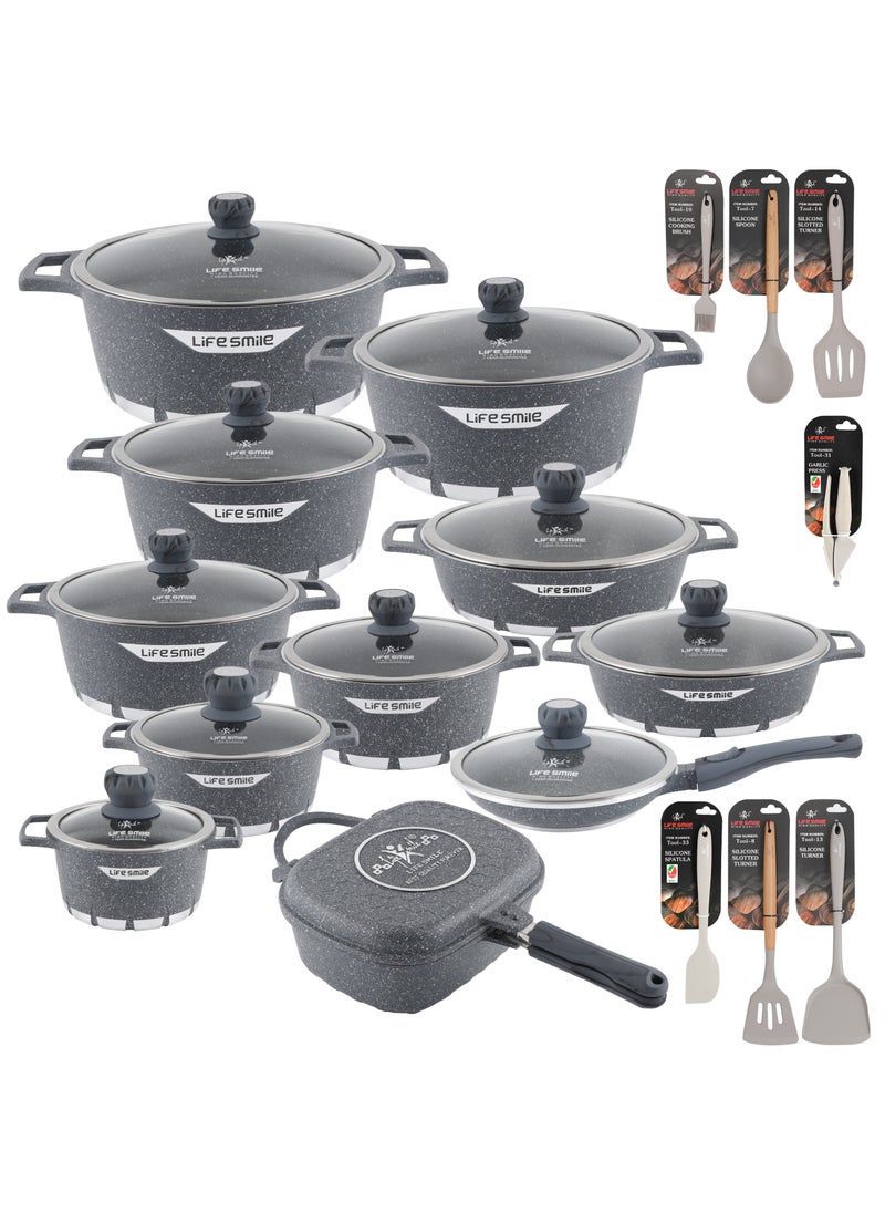 Life Smile 29-Piece Granite Cookware Set Kitchen Pots and Pans Set Includes Stock Pots, Frying Pans, Double Grill Pan and Tools - Non Stick Cookware Sets Healthy 100% PFOA & PFAS Free  - Image 1