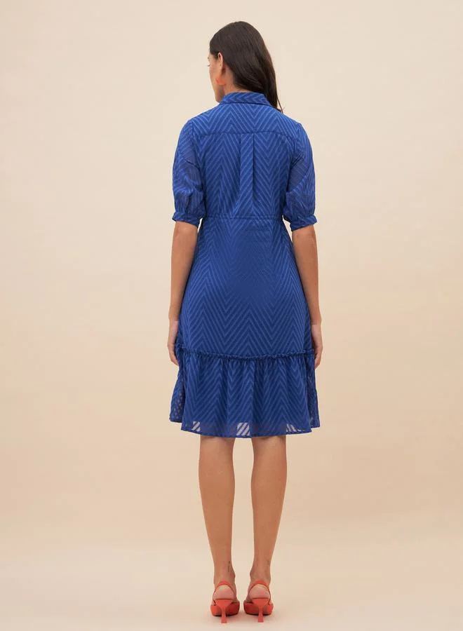 FEMELLA Chevron Dobby Drawstring Detail Knee Length Dress by Styli
