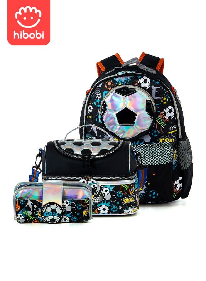 هيبوبي مجموعة حقائب مدرسية 3 قطع للأولاد، حقيبة ظهر بتصميم كرة قدم للأطفال، حقيبة ظهر كبيرة السعة مع حقيبة غداء وحافظة أقلام للأولاد باللون الأسود. - Image 1