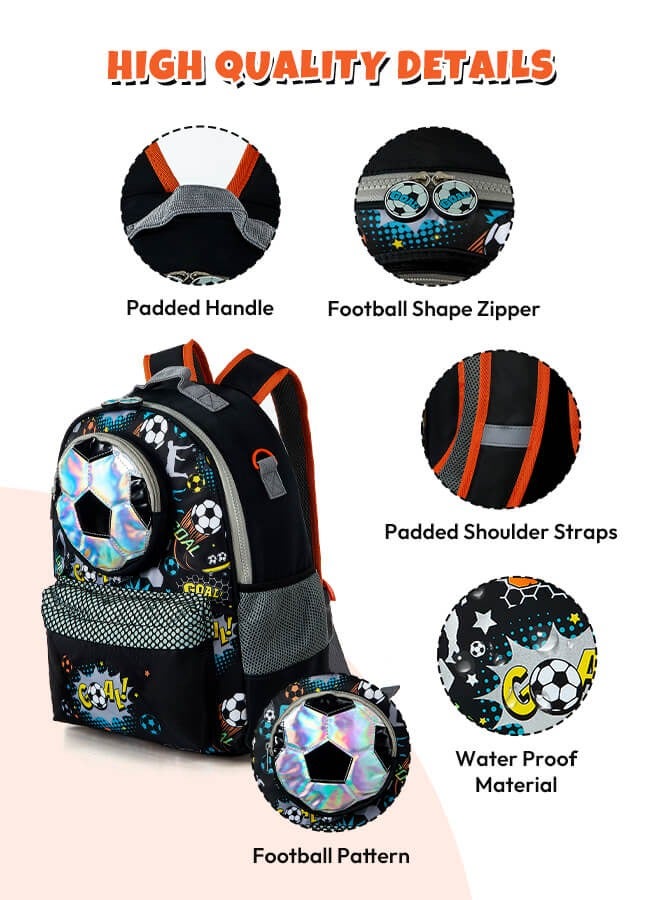 هيبوبي مجموعة حقائب مدرسية 3 قطع للأولاد، حقيبة ظهر بتصميم كرة قدم للأطفال، حقيبة ظهر كبيرة السعة مع حقيبة غداء وحافظة أقلام للأولاد باللون الأسود. - Image 2