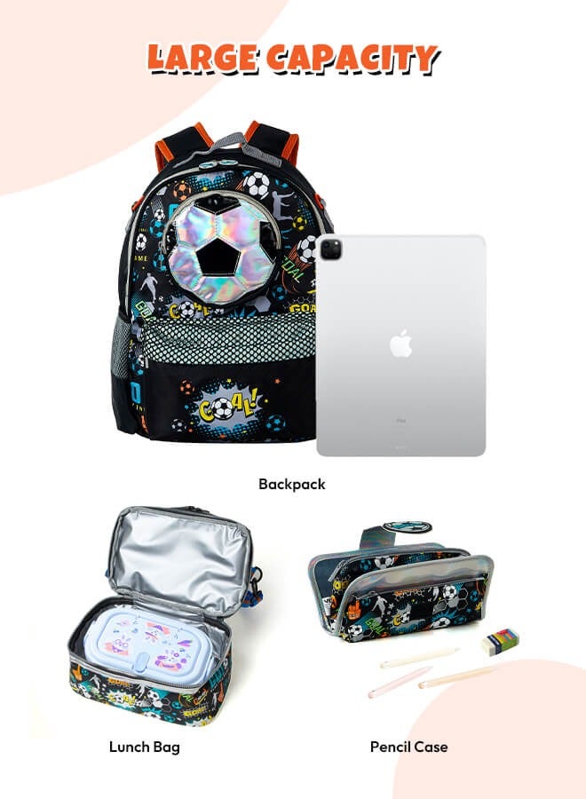 هيبوبي مجموعة حقائب مدرسية 3 قطع للأولاد، حقيبة ظهر بتصميم كرة قدم للأطفال، حقيبة ظهر كبيرة السعة مع حقيبة غداء وحافظة أقلام للأولاد باللون الأسود. - Image 3