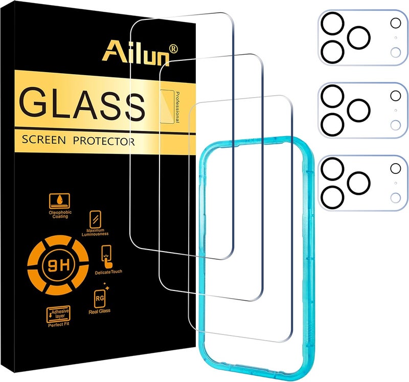 Ailun 3 Pack Screen Protector for iPhone 17 Pro [6.3 inch] + 3 Pack Camera Lens Protector with Installation Frame,Sensor Protection,Dynamic Island Compatible,Case Friendly Tempered Glass Film - Image 1
