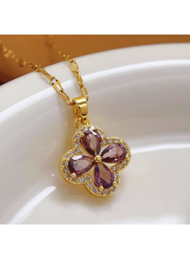 إينوشا قلادة عرقوبية فاخرة للنساء بتصميم البرسيم الأرجواني بالراينستونز - هدية للذكرى واليوم الوردي - Image 1