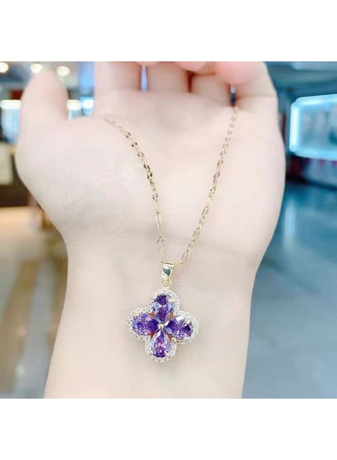 إينوشا قلادة عرقوبية فاخرة للنساء بتصميم البرسيم الأرجواني بالراينستونز - هدية للذكرى واليوم الوردي - Image 2