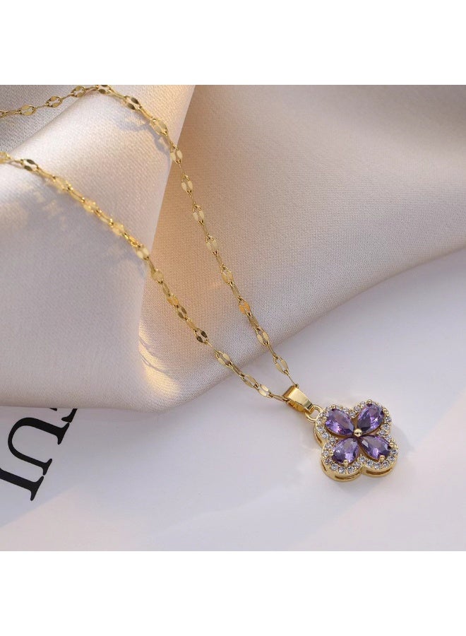 إينوشا قلادة عرقوبية فاخرة للنساء بتصميم البرسيم الأرجواني بالراينستونز - هدية للذكرى واليوم الوردي - Image 4