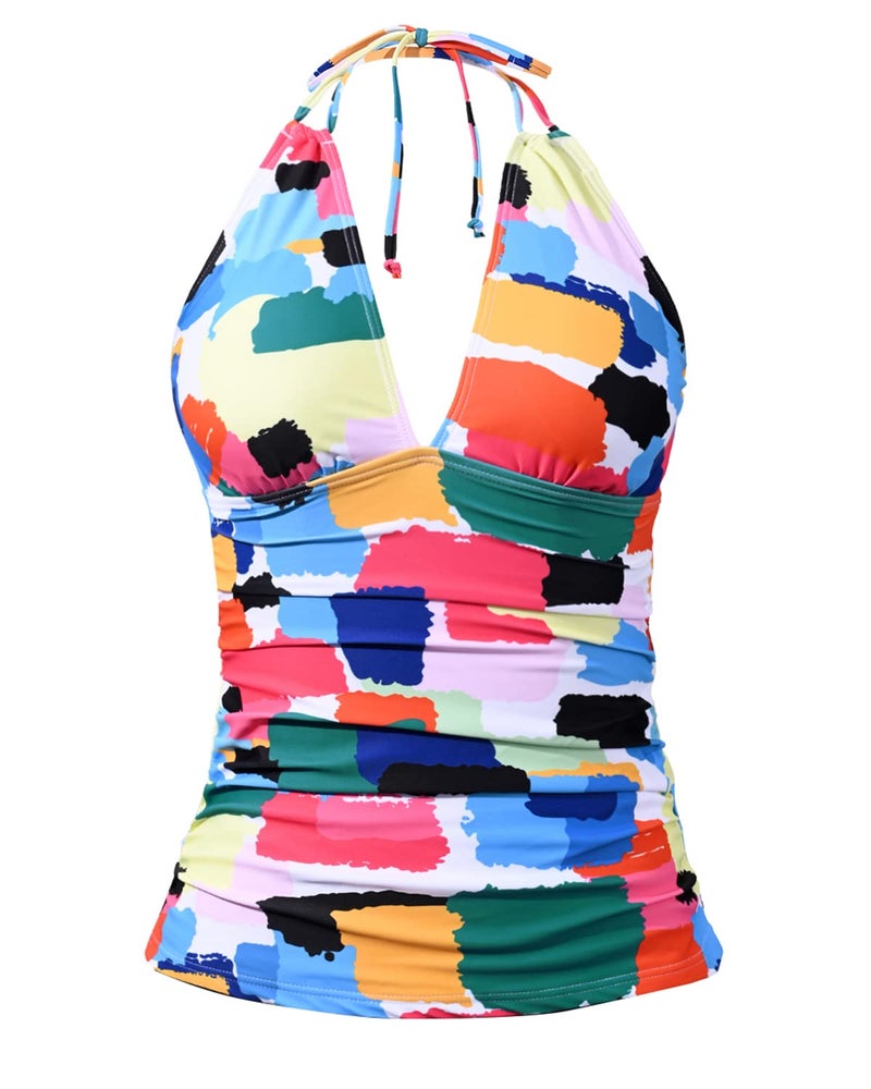 Yonique Women's Halter Tankini Top No Bottom V Neck Swim Top Tummy Control Bathing Suit Top Color Block M - Image 1
