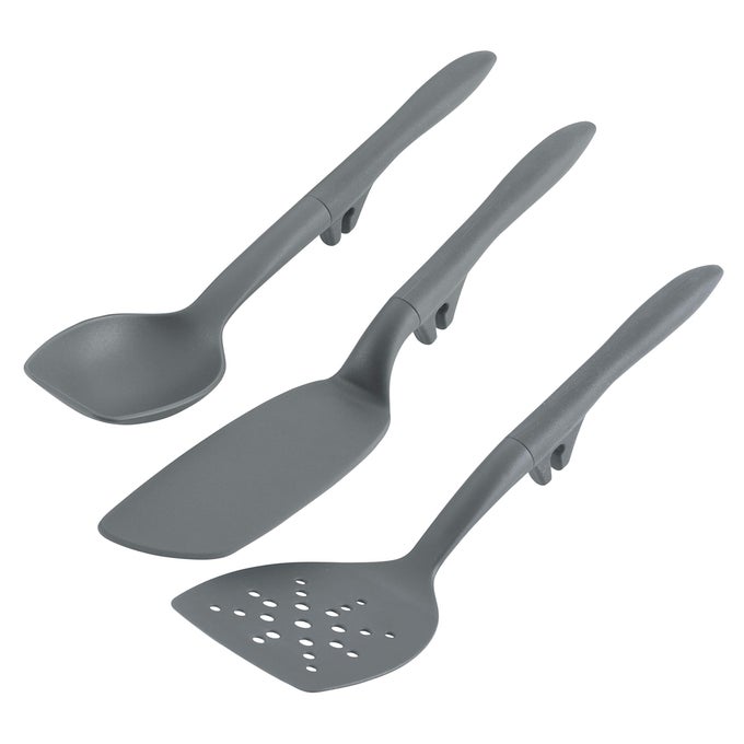 TOOLS AND GADGETS SPOON SLOTTED AND SOLID TURNERS SET COOKING UTENSILS 3 PIECE GRAY