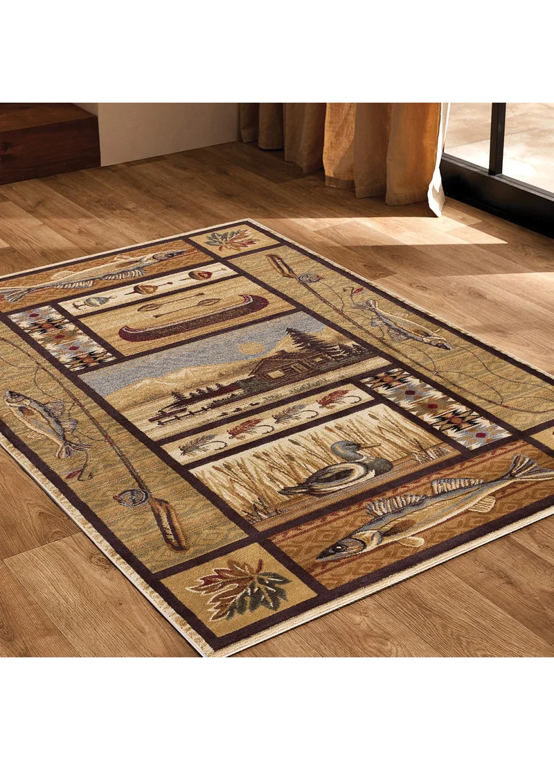 Vagonik Vintage Boat Fish and Wild Nature Patterned Digital Printed Carpet Washable Carpet with Non-Slip Base
