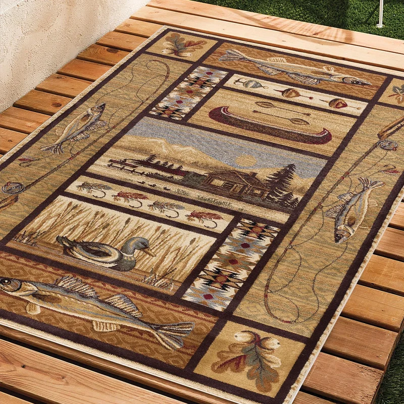 Vagonik Vintage Boat Fish and Wild Nature Patterned Digital Printed Carpet Washable Carpet with Non-Slip Base