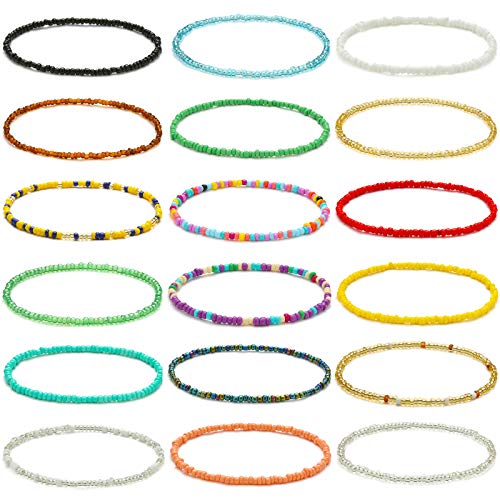XIJIN 18 Pieces Elastic Beaded Anklets for Women Handmade Beach Boho Colorful Beads Ankle Bracelets Set - Image 1