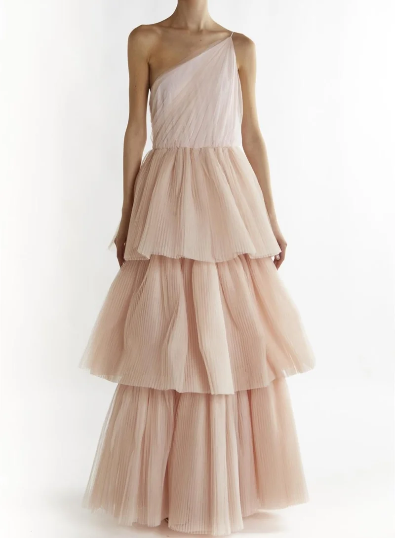 Nude-Peach Liana Asymmetric Tiered Maxi-Dress
