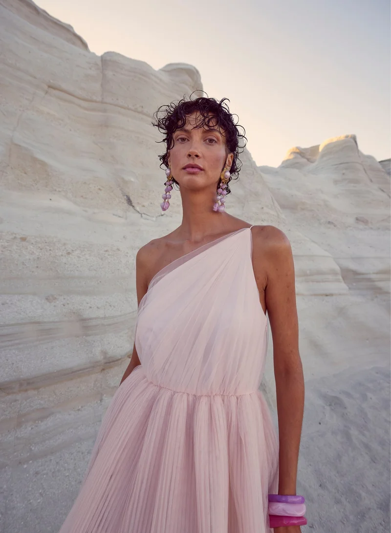 True Decadence Nude-Peach Liana Asymmetric Tiered Maxi-Dress