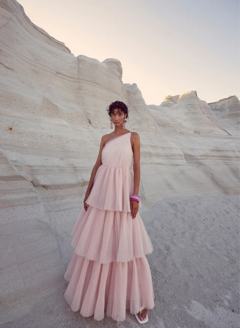 True Decadence Nude-Peach Liana Asymmetric Tiered Maxi-Dress