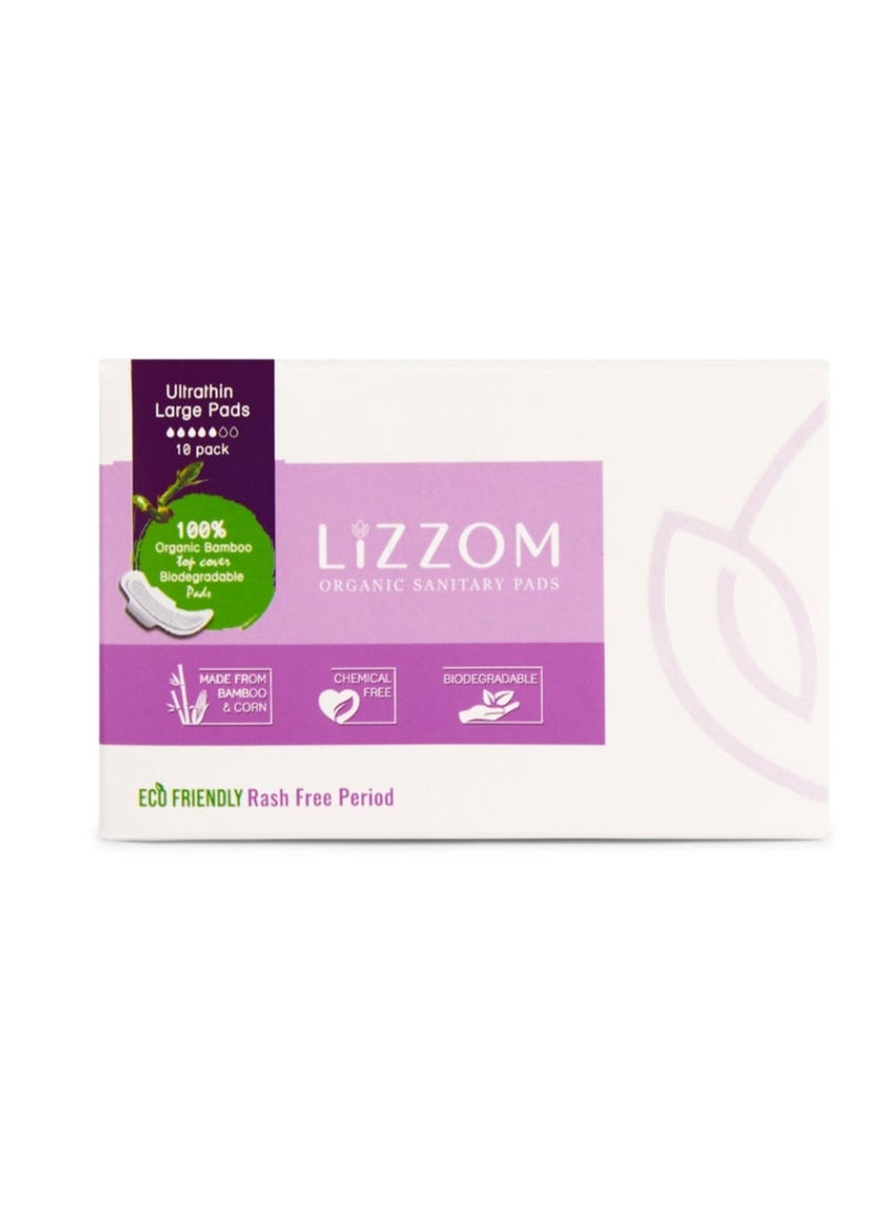 LiZZOM Organic Ultra Thin Large Sanitary Pads with Wings, 10 Count, Bamboo Top Sheet, Biodegradable Back Sheet - Image 1