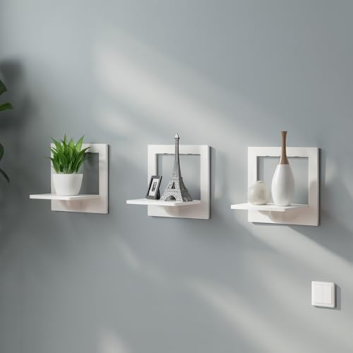 Vendola Decorative Wall Shelves – Floating Shelf for Living Room, Bedroom, Office & Home Décor | Modern Wooden Display Rack for Plants, Books, Trophy and Collectibles (White, Set of 3) (3, Square) - Image 1