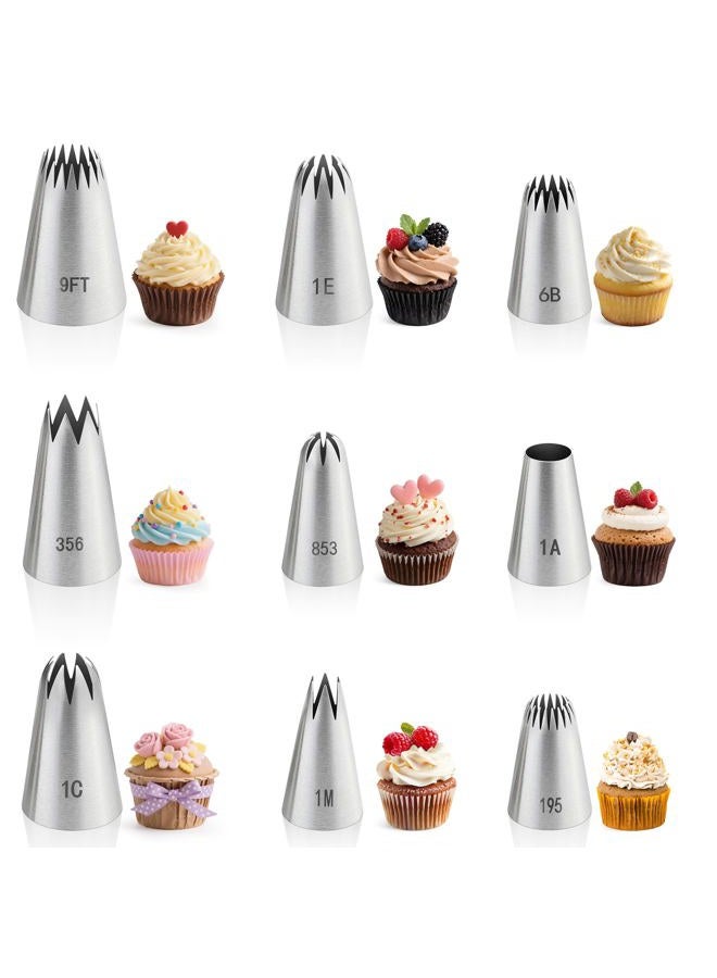 PJERASR 9PCS Large Piping Tips Set, Stainless Steel Cake Decorating Tips, Pastry Cake Decorating Tips Baking Tools for Baking Cupcakes, Cake Decorating - Image 1