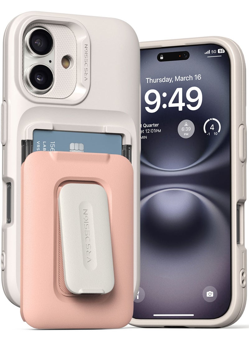 VRS Design D-Wallet Orb iPhone 16 Case Cover Wallet [3 Card] Credit Holder Slot [Semi Automatic] Built-in [Kickstand] - Pink Sand  - Image 1