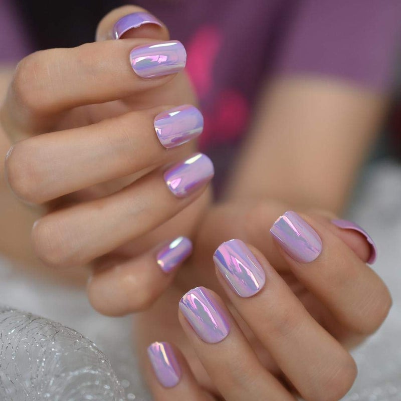 EchiQ Fantasy Nails Series Pink Purle Short Chrome Holographic Press On Nails Square Natural Shape Charming Manicure Tips 24 - Image 1