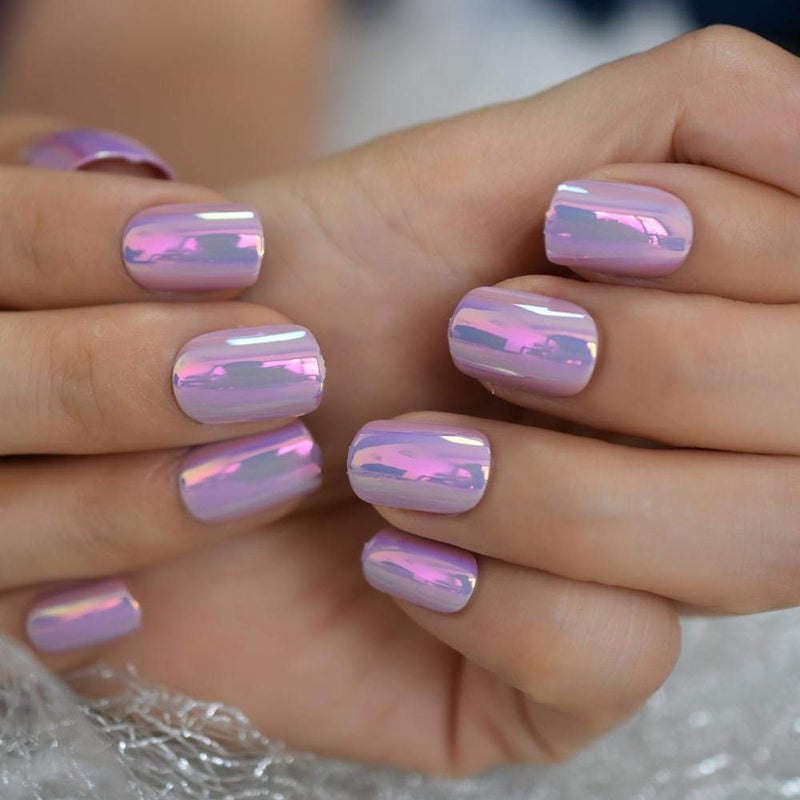 EchiQ Fantasy Nails Series Pink Purle Short Chrome Holographic Press On Nails Square Natural Shape Charming Manicure Tips 24 - Image 3