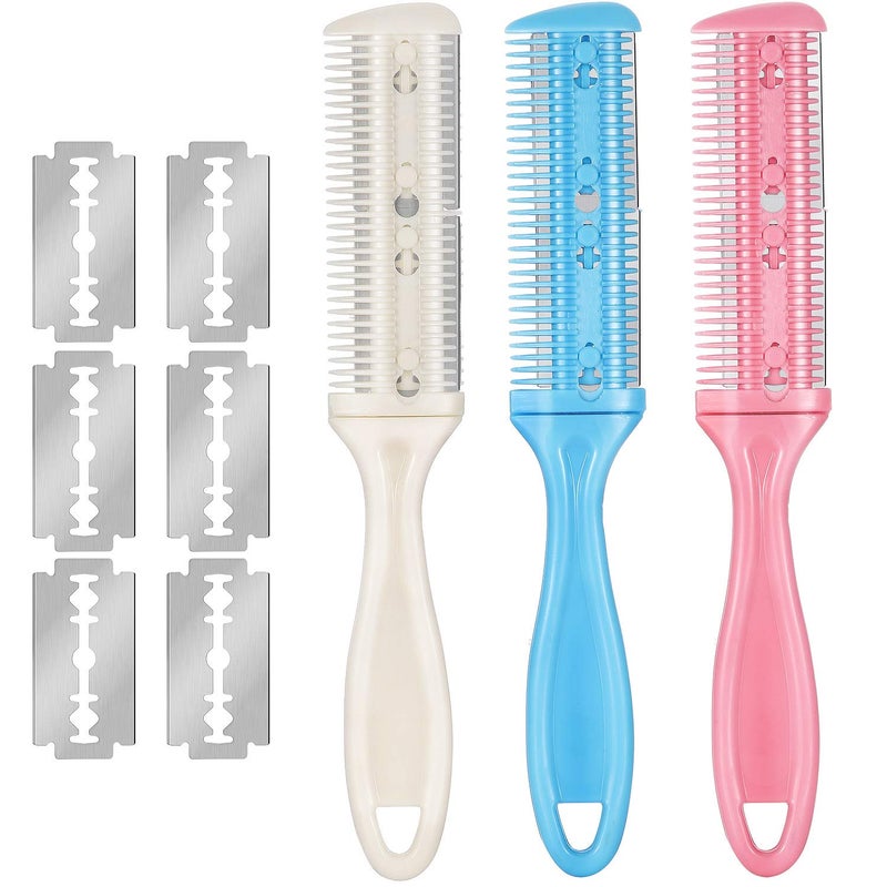 Maitys 3 Pcs Haircut Razor Comb Hair Cutting Comb with 12 Replacement Blades Double Edge Shaper for Salon & Home Styling Split Ends Trimmer Styler for Thick and Thin Hair (White, Pink, Blue) - Image 1