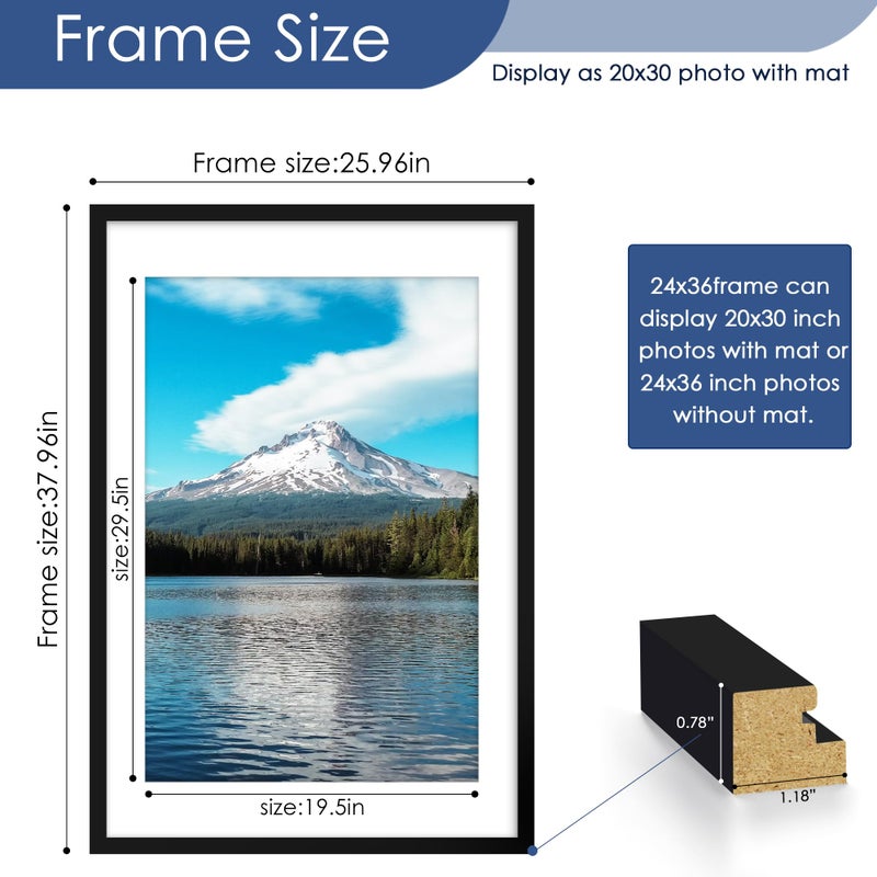 PEALSN 24x36 Poster Frame, Display Pictures 20 x 30 with Mat or 24 x 36 Without Mat, Poster Frames 24 x 36 inches for Wall Mounting Display, Black. - Image 3