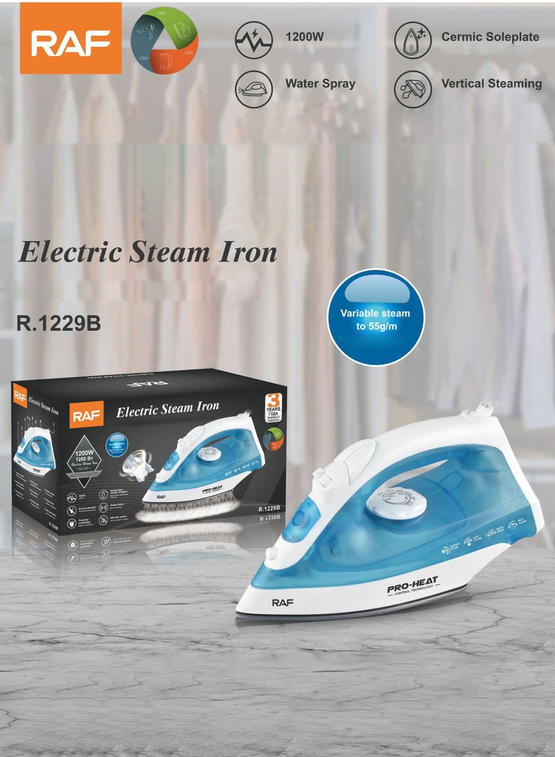RAF Steam Iron with Ceramic Soleplate, 80ml Water Tank, Powerful Steam Burst, Adjustable Thermostat, Shockproof Body, 16 Steam Vents for Even Heat Distribution, 80 ml 1200 W