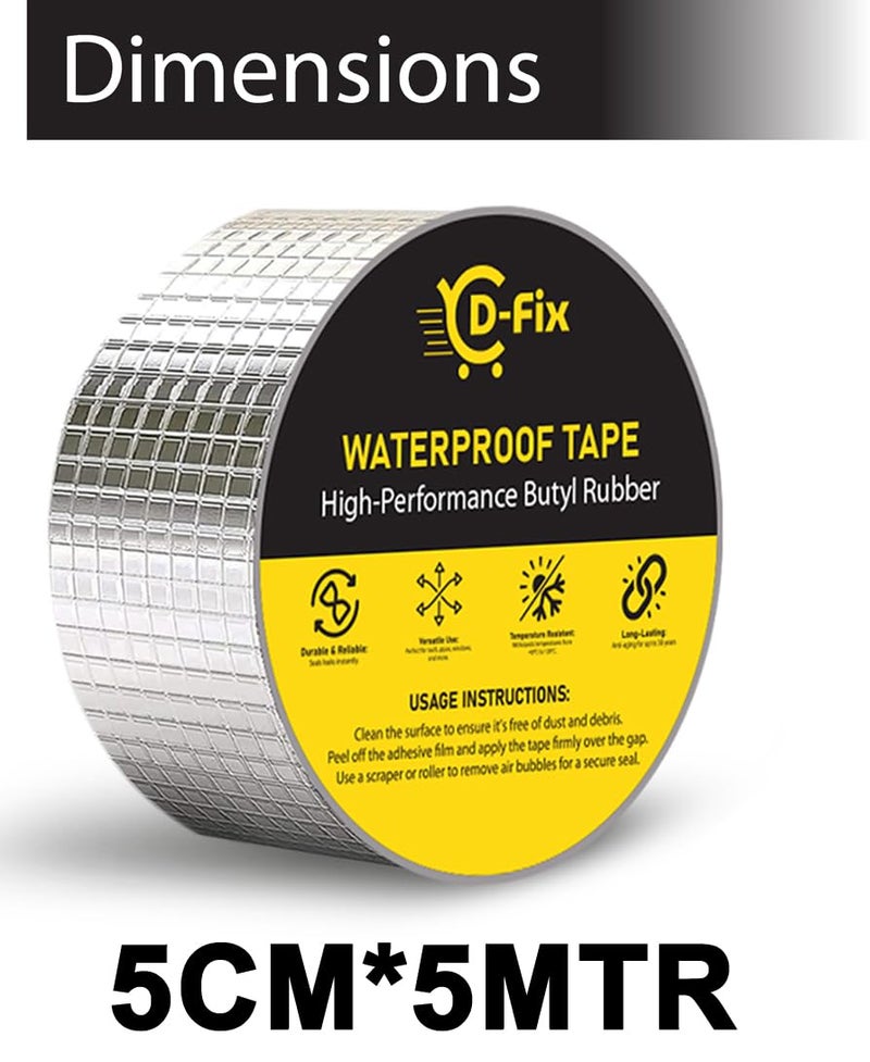 D-Fix شريط إصلاح مقاوم للماء لتسرب الأنابيب وحل تسرب المياه من السقف شريط ألومنيوم لاصق مقاوم للماء شريط مطاطي بوتيل للتشققات السطحية (5سمx5م) (فضي) - Image 3