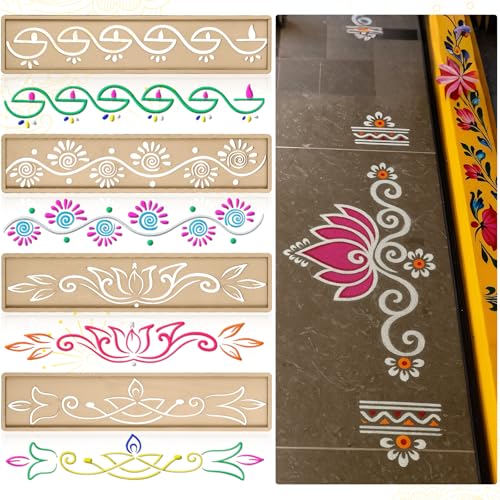 FoldTier 4 Pcs 12 Inch Diwali Rangoli Stencils Wooden DIY Sand Art Making Kit Lotus Elephant Peacock Stencils Varalakshmi Pooja Diwali Items for Indian Onam Festival Home DecorDiya