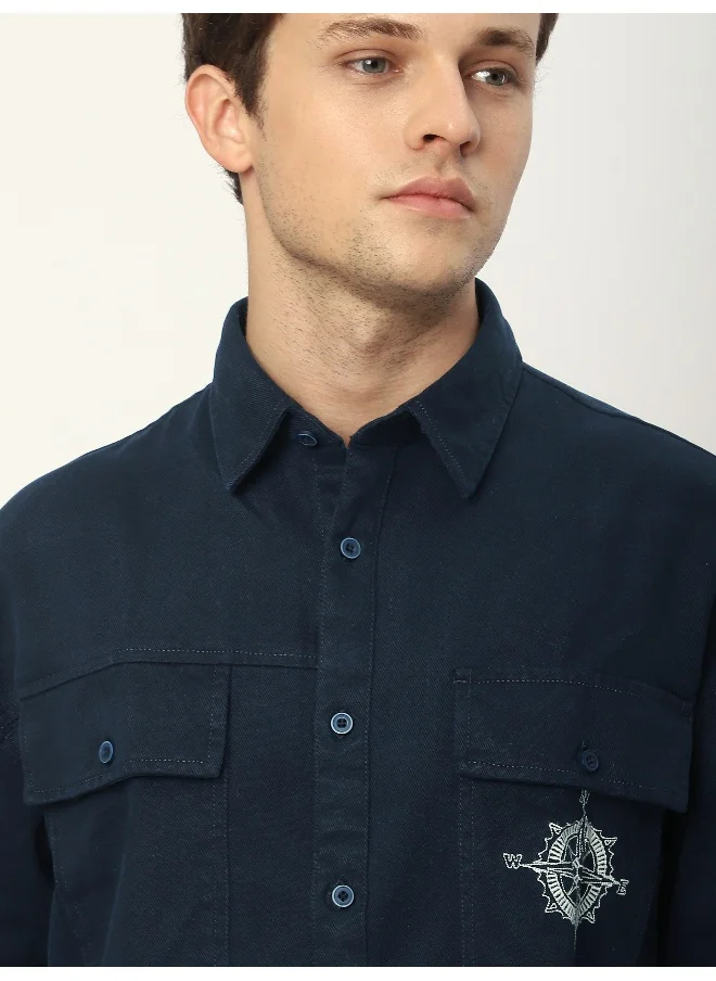 Beyoung Navy Blue Embroidered Pocket Shirt