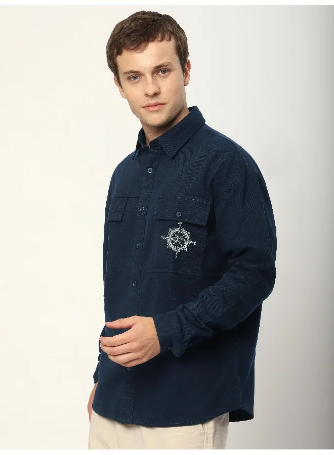 Beyoung Navy Blue Embroidered Pocket Shirt