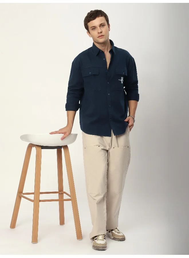 Beyoung Navy Blue Embroidered Pocket Shirt