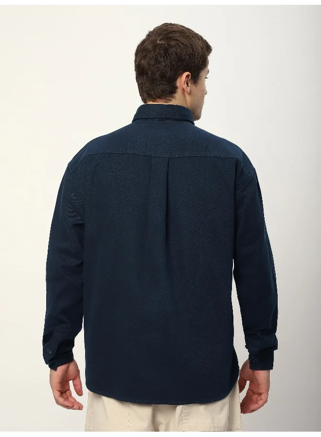 Beyoung Navy Blue Embroidered Pocket Shirt